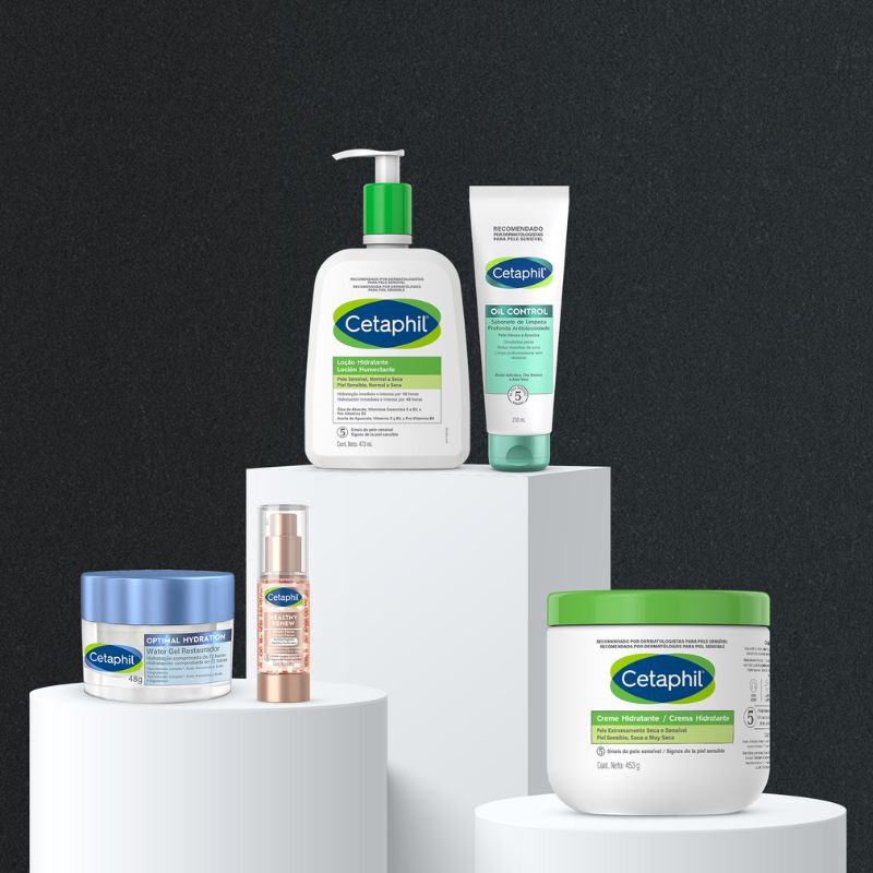 Embalagens dos produtos Water gel Cetaphil Optimal Hydration, Sérum facial Cetaphil Healthy Renew, Loção hidratante Cetaphil, Sabonete de limpeza Cetaphil Oil Control e Creme hidratante Cetaphil.